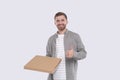 Man Holding Pizza Box Showing thumb Up Isolated. Fast Food, Unhealthy food Concept Isolated Royalty Free Stock Photo