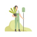 Man holding pot with plant and shovel, people working in the garden, worker growing agricultural products vector Royalty Free Stock Photo