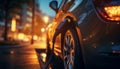 Man holding power supply cable at ev charging station, promoting sustainable transportation