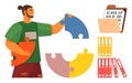 Man arranging colorful puzzle pieces with office folders and binary data file nearby Royalty Free Stock Photo