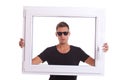 Man holding a pvc window frame Royalty Free Stock Photo