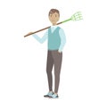 Man Holding Rake On His Shoulder, Cartoon Adult Characters Cleaning And Tiding Up