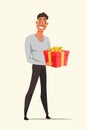 Man holding red gift box color vector illustration