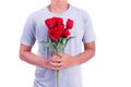 Man holding red rose flower. Valentines day and  Couples concept. Love and Flirting theme. Close up at rose. Body part and Royalty Free Stock Photo