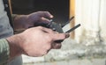 Man holding a remote control of drone Royalty Free Stock Photo