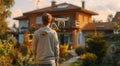 Man Holding Remote Control in Front of House Royalty Free Stock Photo