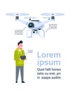 Man Holding Remote Controller For Modern Drone Over Template Infographic Background Royalty Free Stock Photo