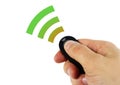 Man holding remote sensor in hand sending signal