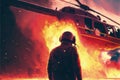 A man holding a rocket launcher amidst a burning helicopter crash. illustration painting