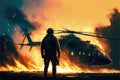 A man holding a rocket launcher amidst a burning helicopter crash. illustration painting