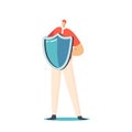Man Holding Shield Covering From Cyber or Virus Attack. Data Base Protection, Health, Life or Business Insurance Concept