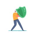 Man Holding Shield Covering From Cyber or Virus Attack. Data Base Protection, Health, Life or Business Insurance Concept