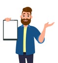 Man holding/showing a blank clipboard, report, record, document and gesturing hand. Human emotion and body language concept.