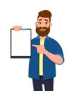 Man holding/showing a blank clipboard/report/record/document and pointing with index finger to it. Vector illustration in cartoon.