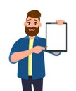 Man holding/showing a blank clipboard, report, record, document and pointing with pen to it. Human emotion concept vector.