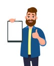 Man holding/showing a blank clipboard/record/document/report and showing thumbs up or like sign. Vector illustration in cartoon.