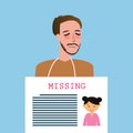 Man holding sign of missing children kids announcement board