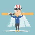 Man holding skis vector illustration.