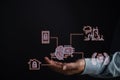 man holding smart AI chatbot and command prompt.Big data storage.Digital Artificial Intelligence technology disruption concept.