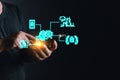 man holding smart AI chatbot and command prompt.Big data storage.Digital Artificial Intelligence technology disruption concept.We