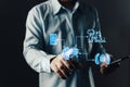 man holding smart AI chatbot and command prompt.Big data storage.Digital Artificial Intelligence technology disruption concept.We