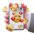 Man holding smartphone. Funny smiling emoticon with red hearts Royalty Free Stock Photo