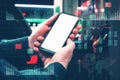 Man holding smartphone mockup with white screen on background gas station with fuel dispensers on technological background. Graph Royalty Free Stock Photo