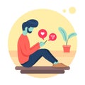 Man is holding a smartphone. Person and gadget. Addicted social media illustration flat style