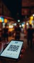 Man holding smartphone with QR code on screen. Digital payment modern technology for contactless pay Royalty Free Stock Photo