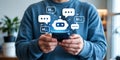 Man holding smartphone with a robot chatbot sending messages artificial intelligence Royalty Free Stock Photo