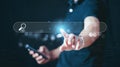 Man holding smartphone and touching futuristic search box. Global internet data, SEO analysis, and web technology interface Royalty Free Stock Photo