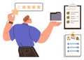 Employee managing feedback with star rating while checking files, task checklist, and leaderboard stats Royalty Free Stock Photo