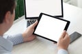 Man holding tablet computer with isolated screen notebook phone