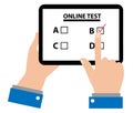 man holding tablet in hands icon. takes part in online test sign. finger touching screen filling in the questionnaire. quiz on