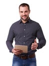 Man holding tablet and makes a gesture thumbs up Royalty Free Stock Photo