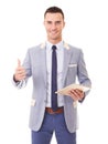 Man holding tablet pc and makes a gesture thumb up Royalty Free Stock Photo