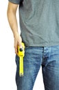 A man holding a tape measure Royalty Free Stock Photo