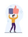 Man holding a thumbs up sign. Male character holding in hands huge thumb up sign. Like and positive feedback concept.