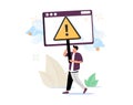 Man holding triangular warning sign with exclamation mark. Concept of fatal error, operating system failure, program Royalty Free Stock Photo