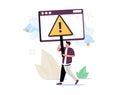 Man holding triangular warning sign with exclamation mark. Concept of fatal error, operating system failure, program. Royalty Free Stock Photo