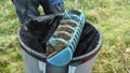 Man holding a Tuf - filter of septic system tank and water wells. Inspection, repair septic tank