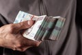 Man holding Ukrainian money 1000 hryvnia banknotes. closeup