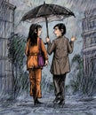 Man holding an umbrella with his spouse walking in the rain