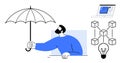 Man Holding Umbrella Protecting Blockchain Network and Innovation Ideas with Laptop Interface Royalty Free Stock Photo