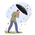 Man Holding Umbrella Protecting from Rain, Wind and Falling Leaves. Character Fighting with Thunderstorm, Autumn Weather