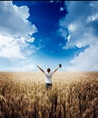 Man holding up Bible in a wheat field Royalty Free Stock Photo