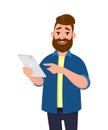 Man holding and using digital tablet computer. Tablet computer concept. Royalty Free Stock Photo