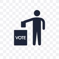 Man holding the vote paper on the box transparent icon. Man hold