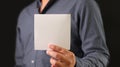 Man holding white blank square paper. Businessman show empty card Royalty Free Stock Photo