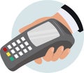 Man holding wireless terminal, vector illustration of hand and contactless payment for online wallet or credit card apple pay by Royalty Free Stock Photo